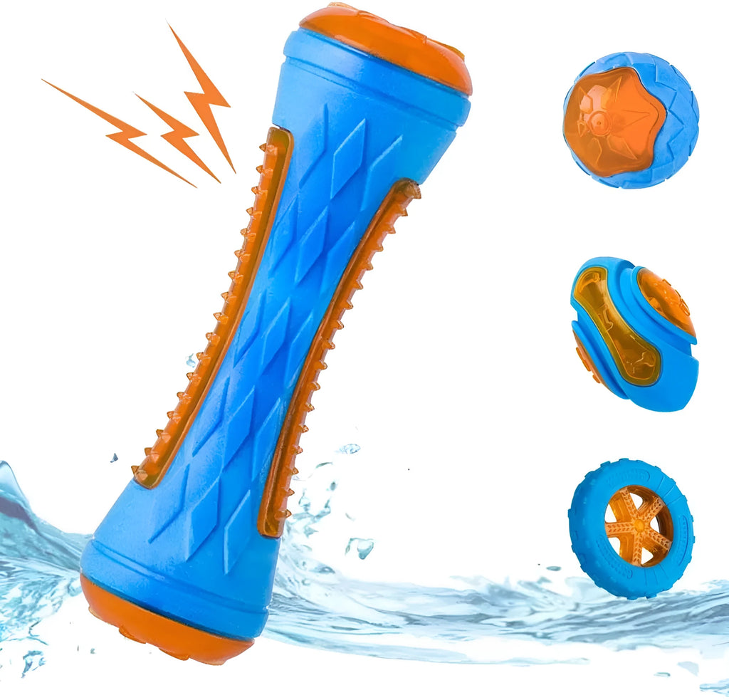 Three TPR floating dog toys: a ball, barbell, and tyre with bumpy textures for water fetch