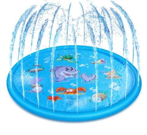 Blue PVC children's water spray mat with marine animal graphics, laid flat on grass.
