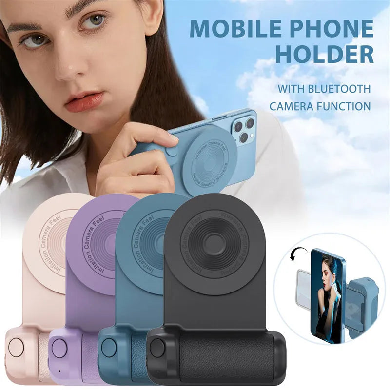 Black magnetic phone camera bracket with PU leather grip and adjustable tilt stand on a table