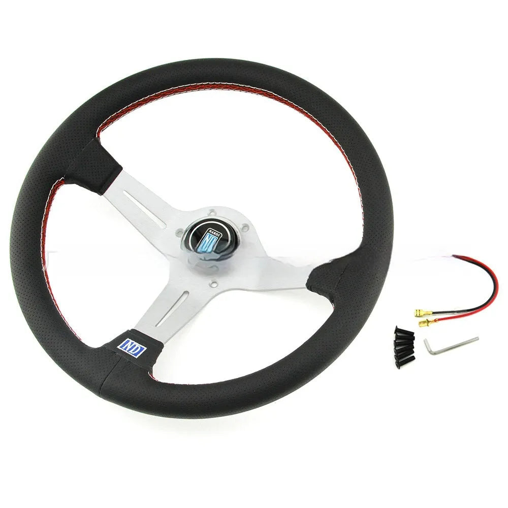 Leather 14-inch steering wheel with concave centre design, black skeleton frame option