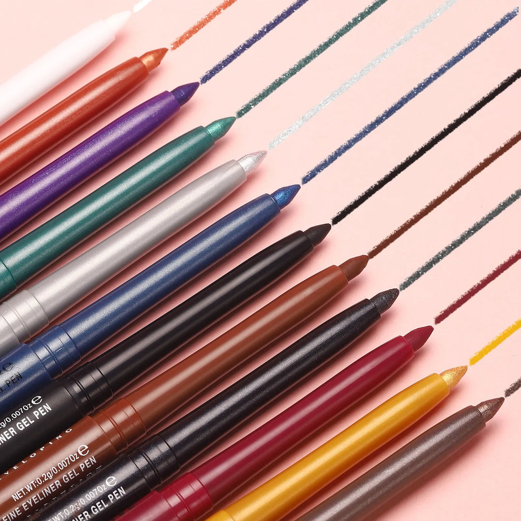 Set of 12 colourful gel glitter eyeliner pencils with various shades on white background