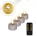 Set of four taupe-coloured LED tealight candles showing flickering flame effect.