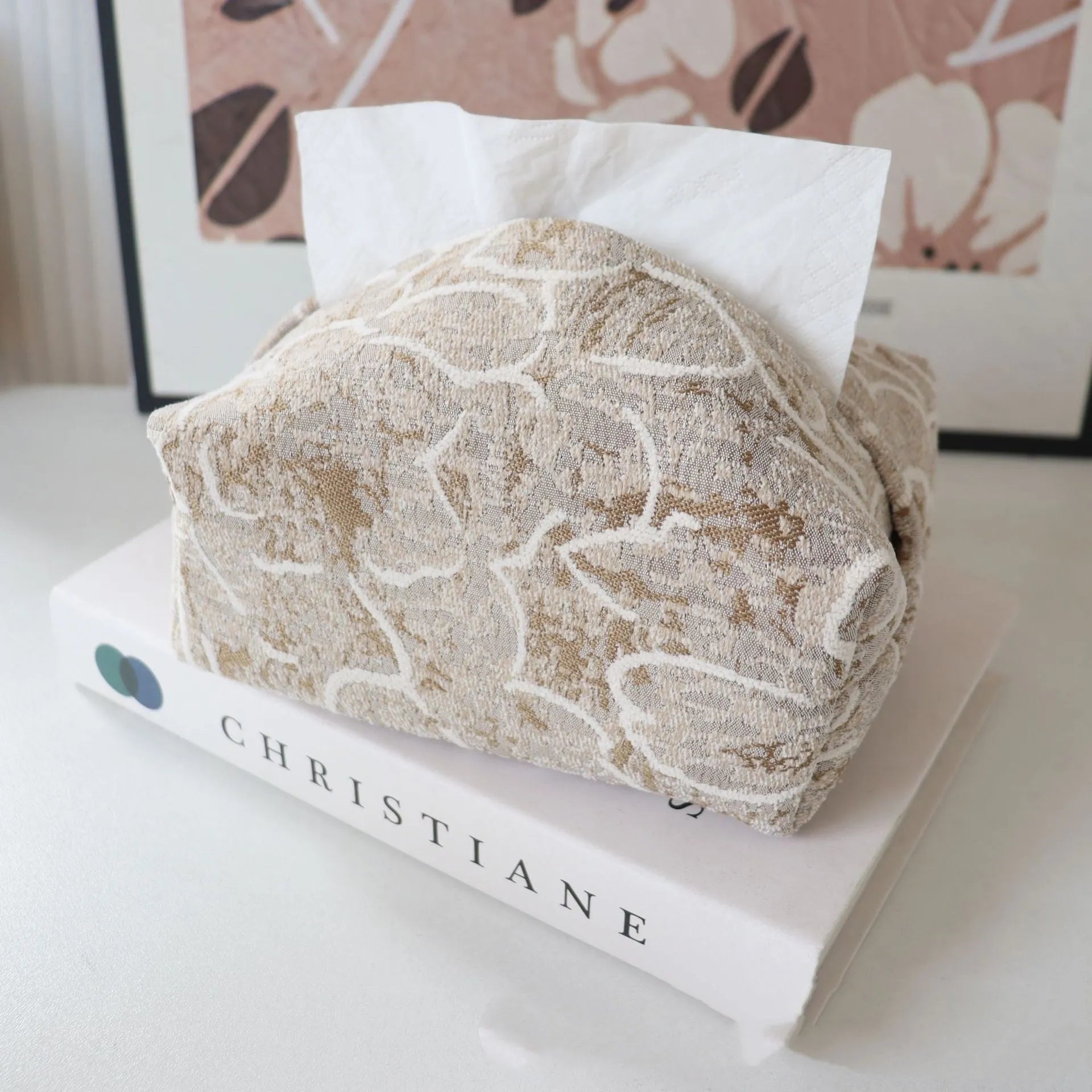 Cotton fabric tissue box with drawer in Chinese pastoral style, measuring 17x11x7cm