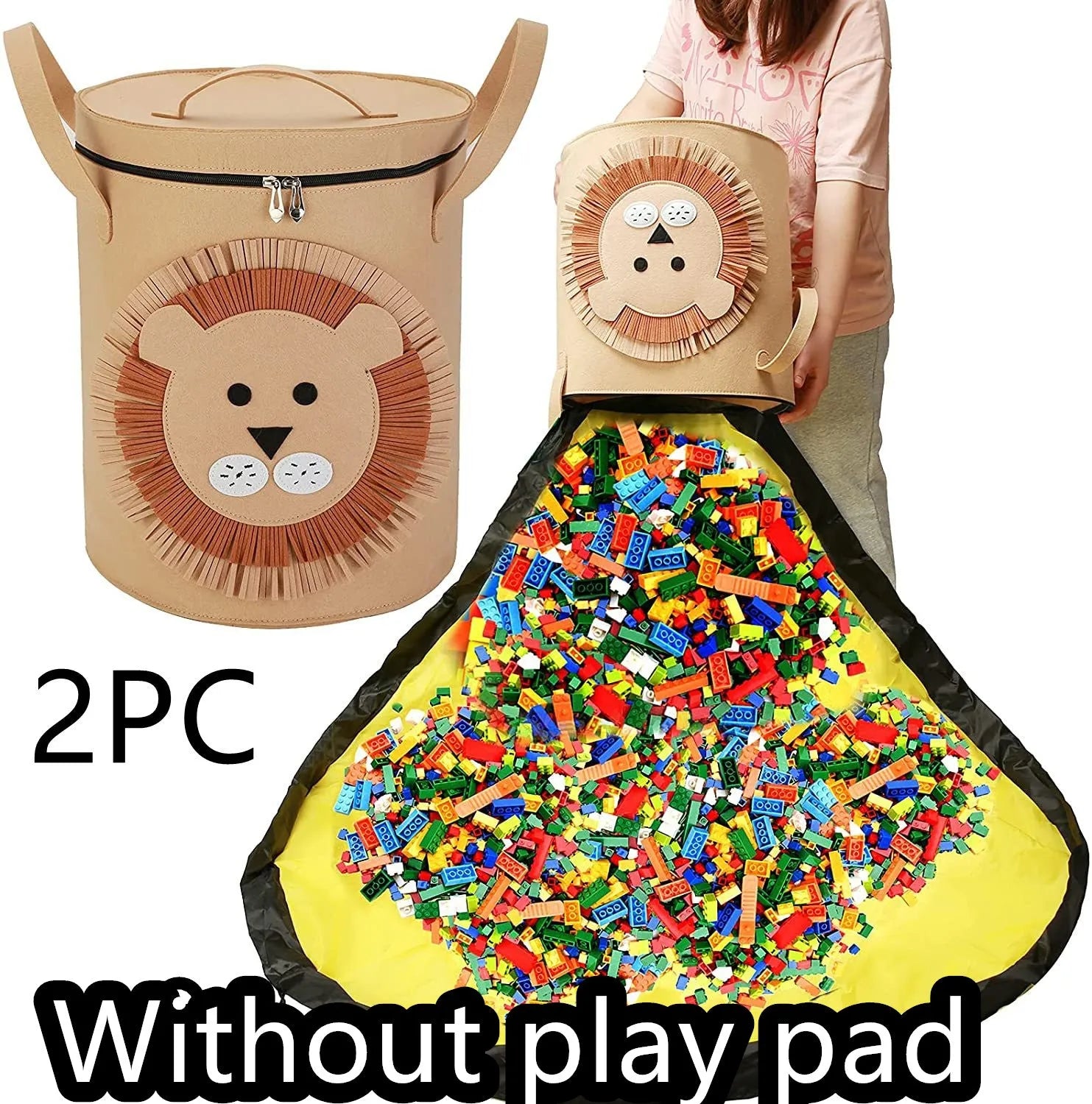 Green felt cube storage bag with pull rope laid flat as play mat for toy organisation