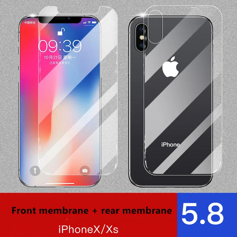 Apple iPhone tempered glass screen protector film for front and rear protection.