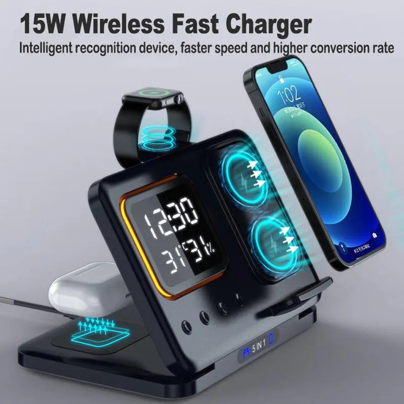 Black foldable wireless charging station displaying time and temperature, charging a phone and smartwatch.