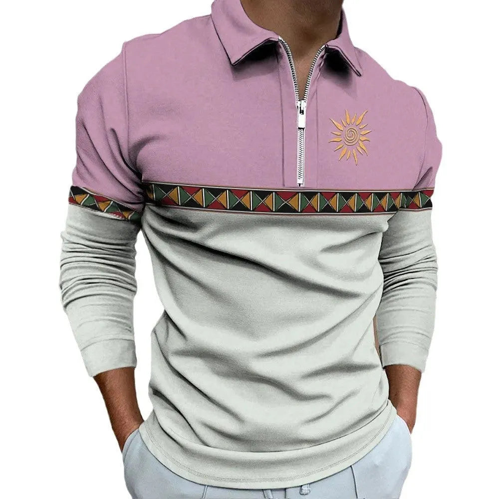 Men's retro colour print long sleeve t-shirt with zipper decorations in loose fit