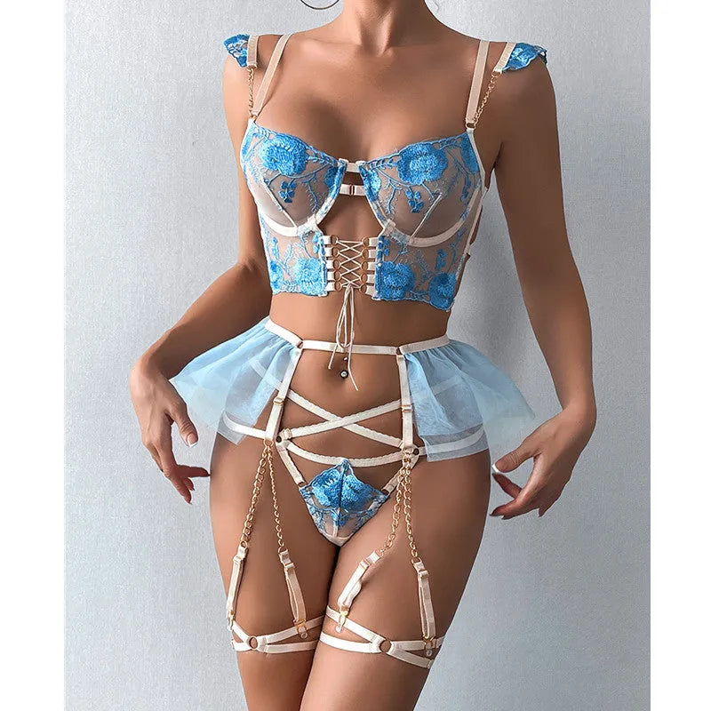 Light blue embroidered push-up bra and pants set with lace and mesh detailing