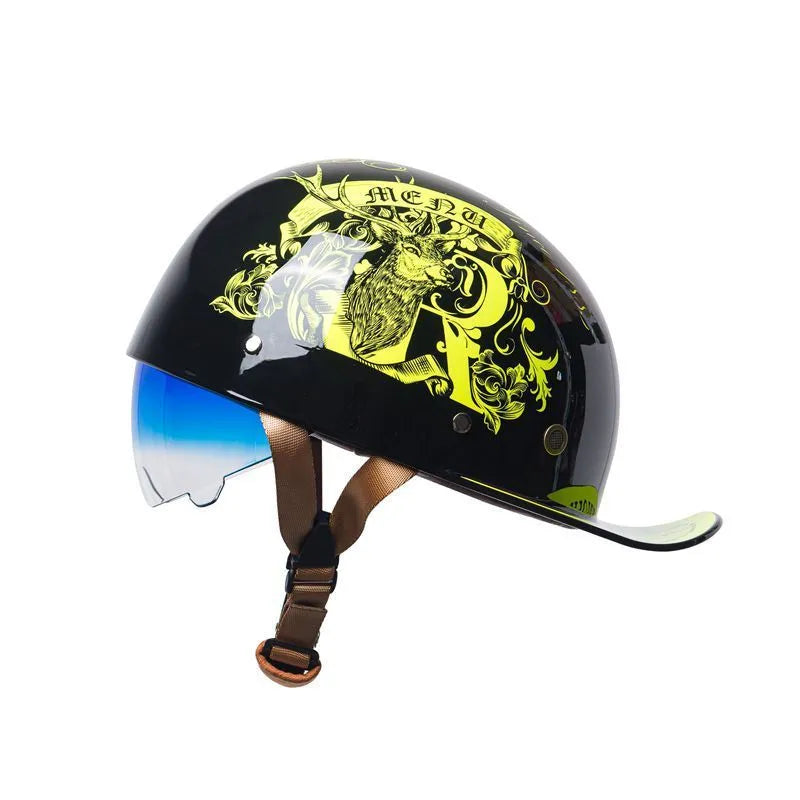 Retro half helmet for electric bicycles in bright black gradient blue colour