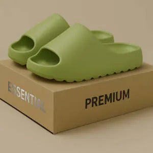 Women's thick-sole beach slippers in black, green, or brown on a sandy background.