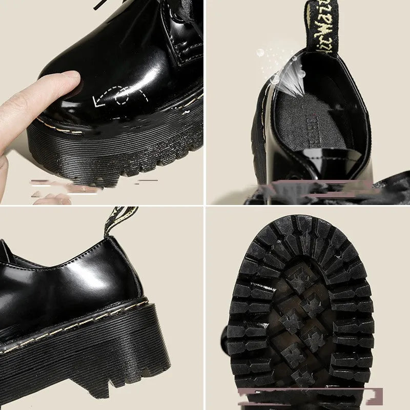 Women's black leather shoes with thick soles, cross straps featuring ribbon details, and lace-up closure
