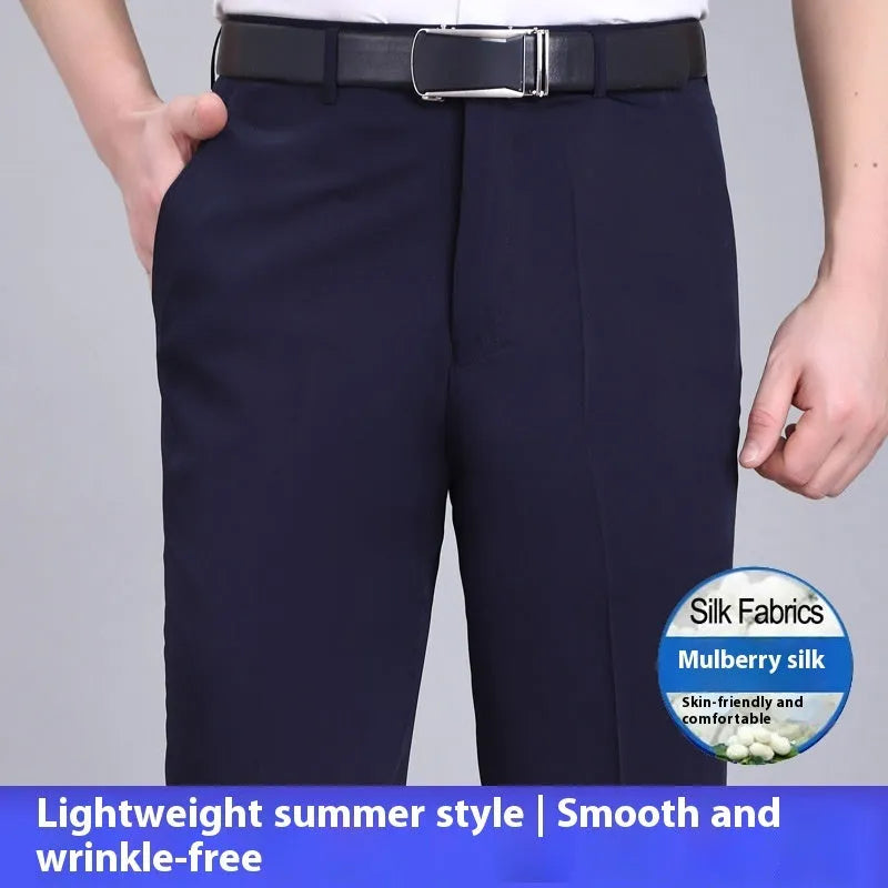 Men's straight-leg business trousers in mulberry silk fabric with non-iron finish