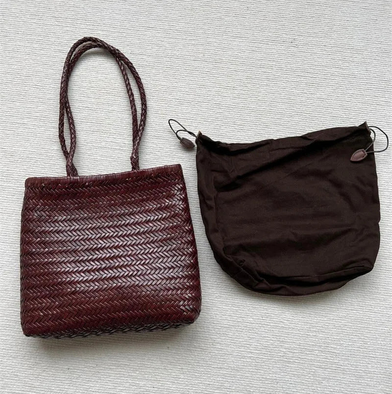Brown handmade cowhide leather woven shoulder bag with three-dimensional pocket