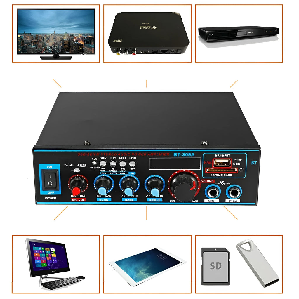 Black BT-309A-A dual-purpose power amplifier with Bluetooth, front panel controls, and wire clamp connections