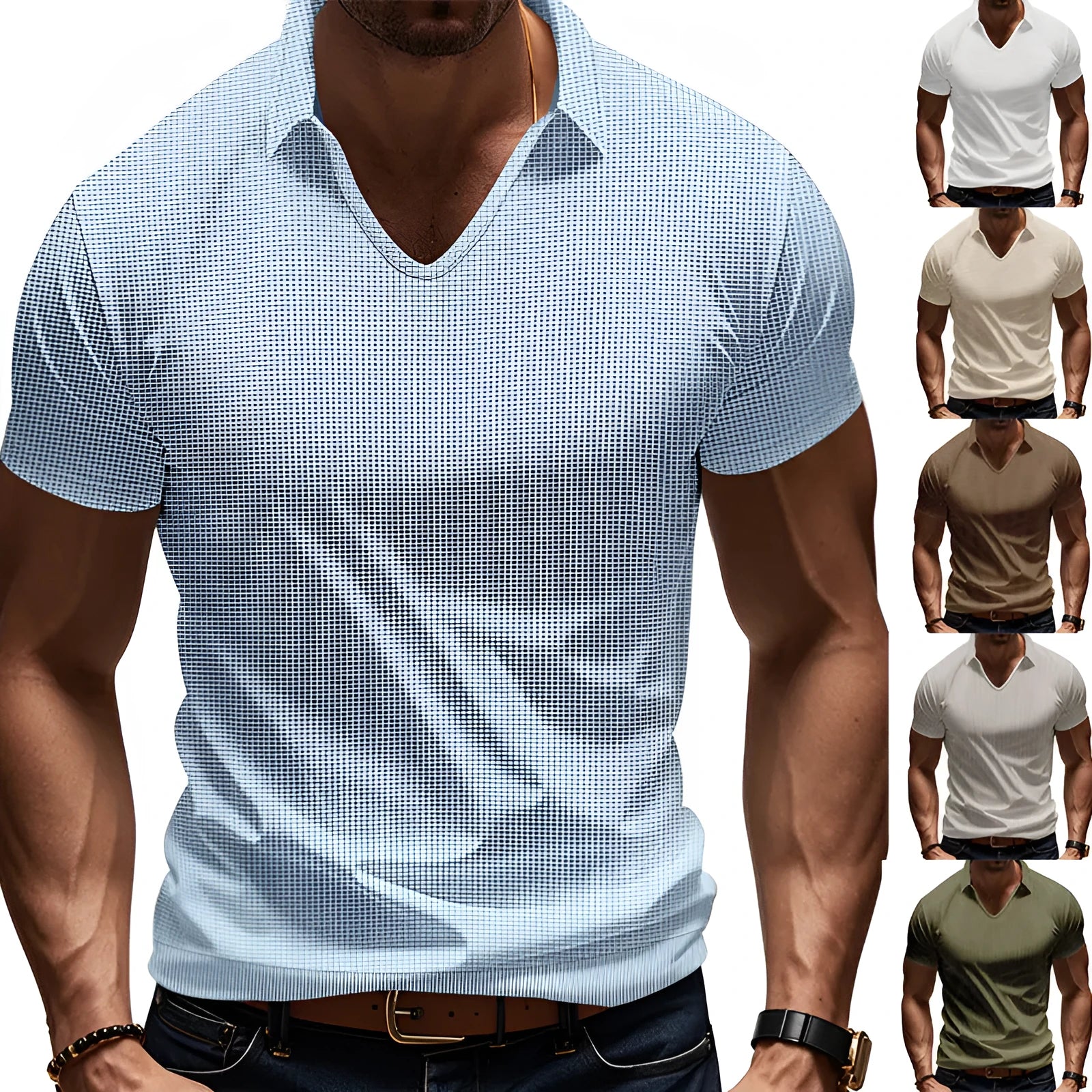Men's loose fit V-neck short sleeve t-shirt in light grey cotton blend fabric