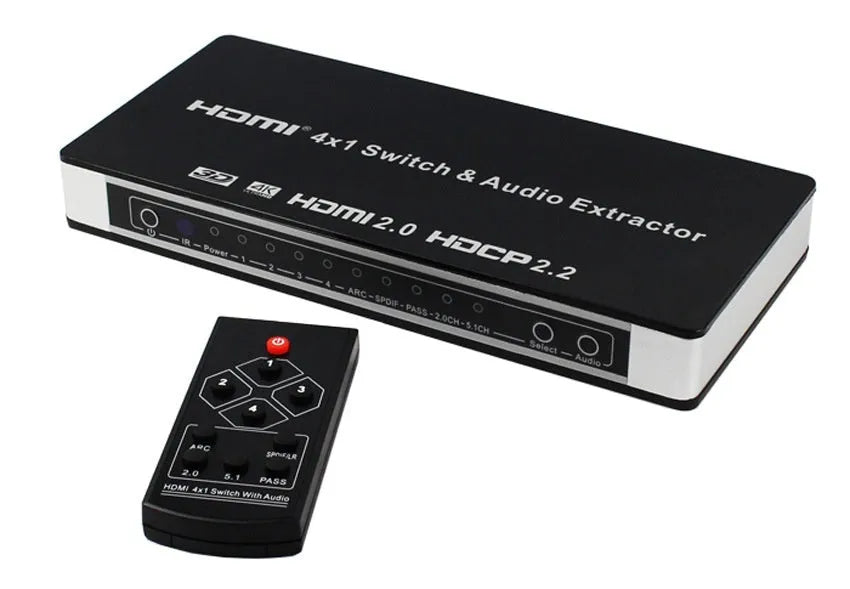 Black HDMI audio switch with remote control, 4 input ports and 1 output port for 4K video switching.