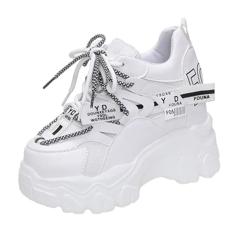 Women's white breathable mesh platform tennis shoes with cross-strap and 6-8cm heel
