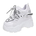 Women's white breathable mesh platform tennis shoes with cross-strap and 6-8cm heel