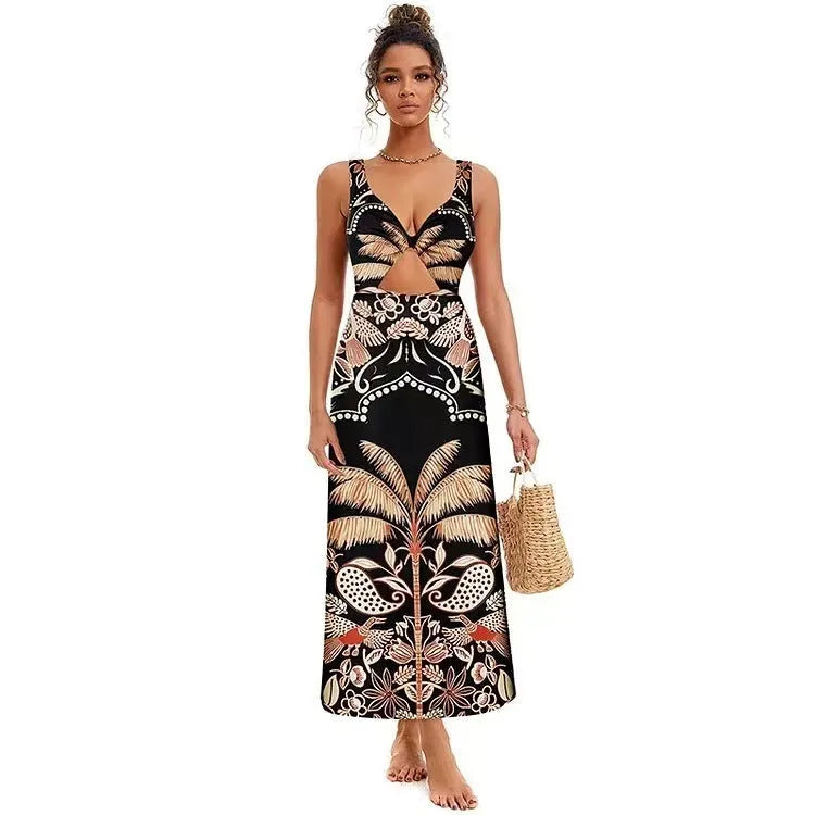 Women's black polyester one-piece swimsuit with V-neck front for beach swimming