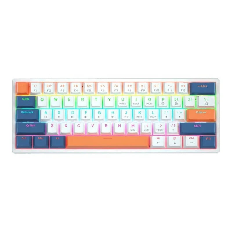 Blue and white 61-key mechanical keyboard with compact layout and hot-swappable switches