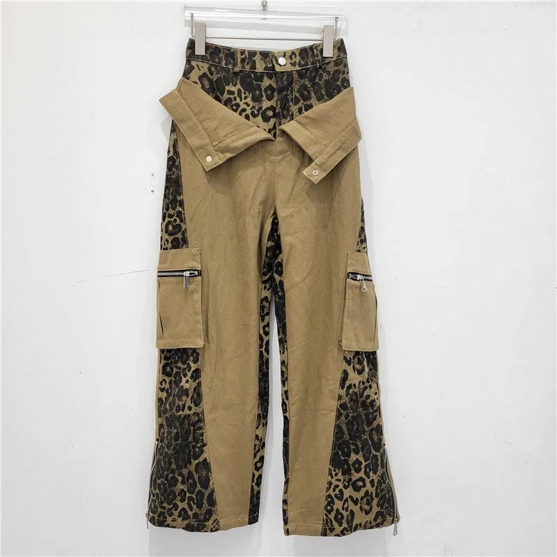 Women's high waist straight leg jeans with leopard print detail on dark khaki denim