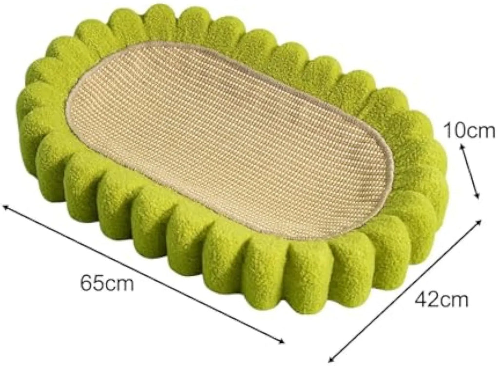 Green oval sisal cat scratch pad bowl measuring 650mm functioning as cat scratcher and bed