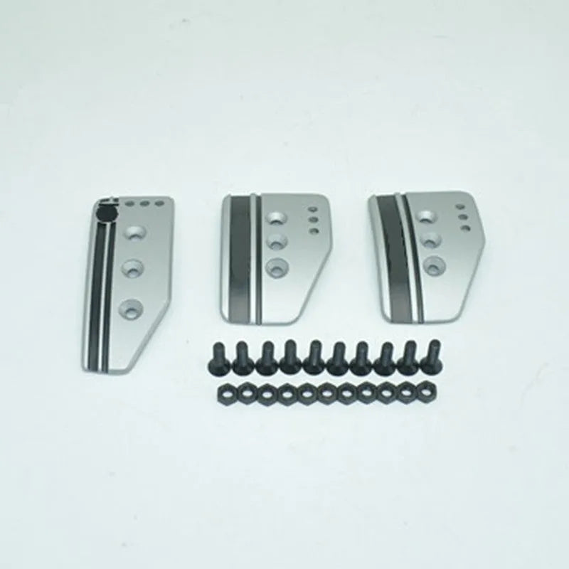Aluminium alloy manual transmission pedal set showing accelerator, brake, and clutch pedals with screws and nuts