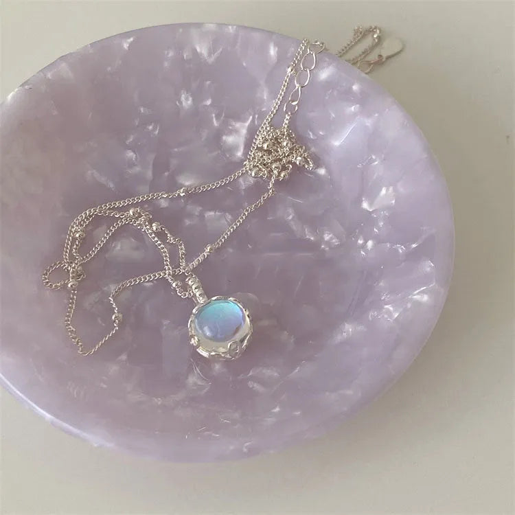 Women's 925 silver necklace with round stone pendant on curb chain, adjustable 41-50cm.