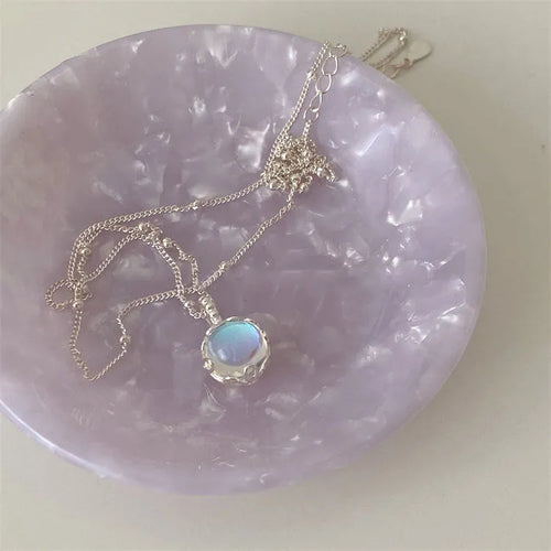 Women's 925 silver necklace with round stone pendant on curb chain, adjustable 41-50cm.