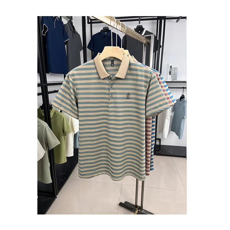 Men's striped casual short sleeve T-shirt in polyester showing mosaic pattern detail.