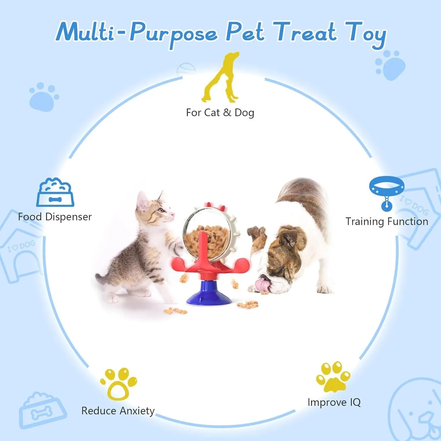 Interactive cat and dog puzzle feeder toy with rotating spinner and sucker base in assorted colours
