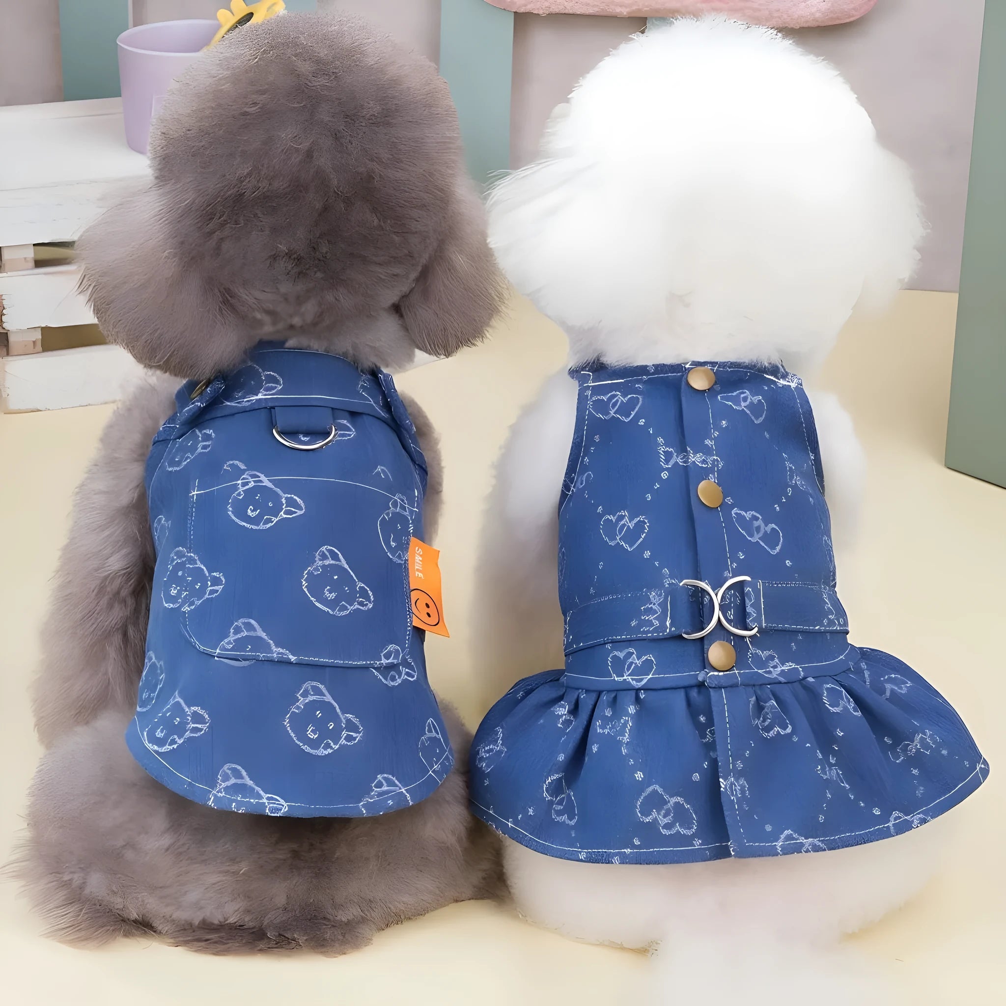 A small dog wearing a light blue denim princess dress with a bracket-style skirt.