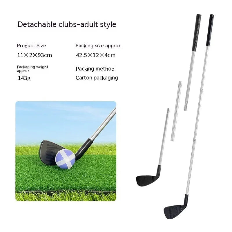Metal golf club set showing adult and children's sizes for outdoor practice and recreational sports