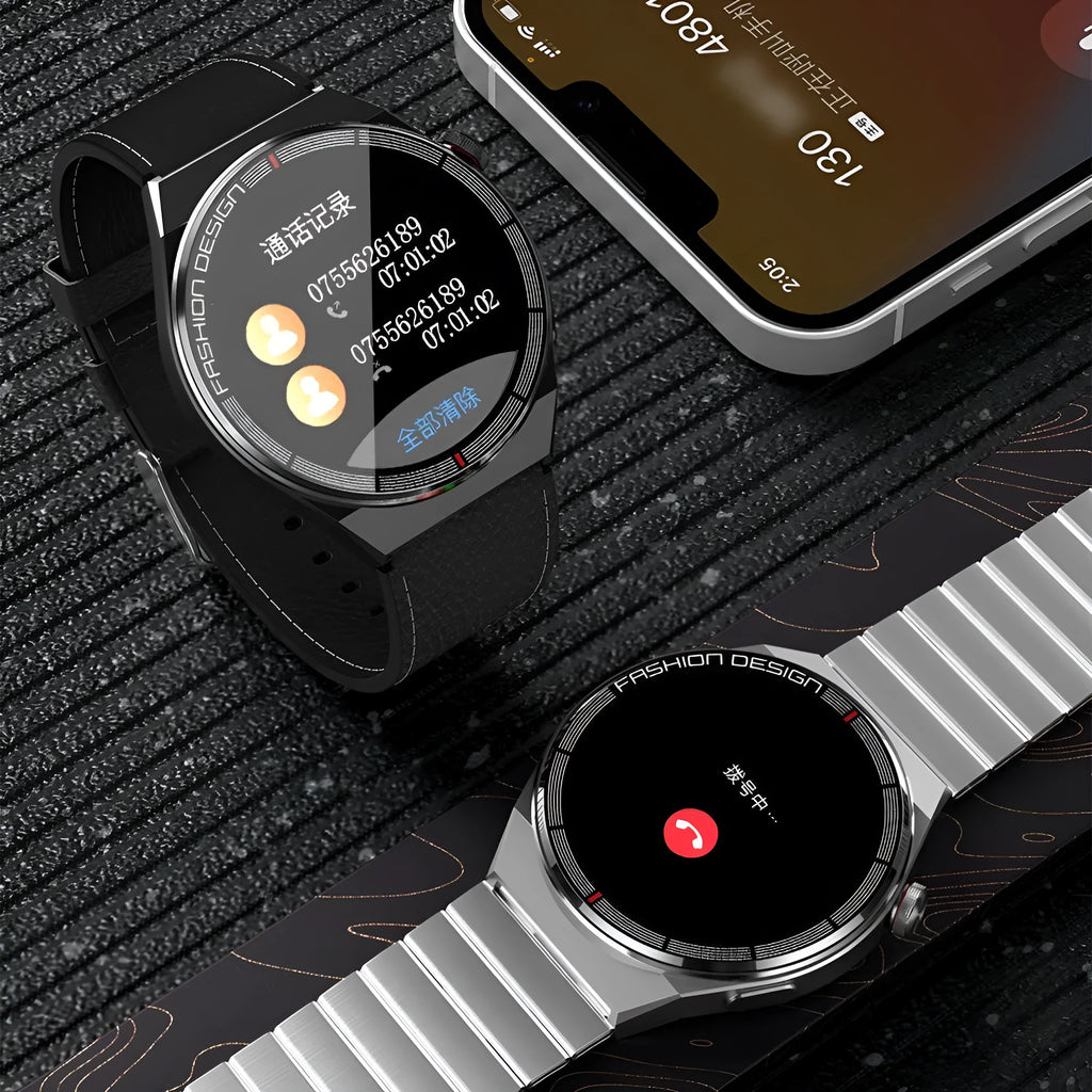 Black smartwatch with a 1.28-inch screen on a silicone strap, showing a heart rate monitoring display.