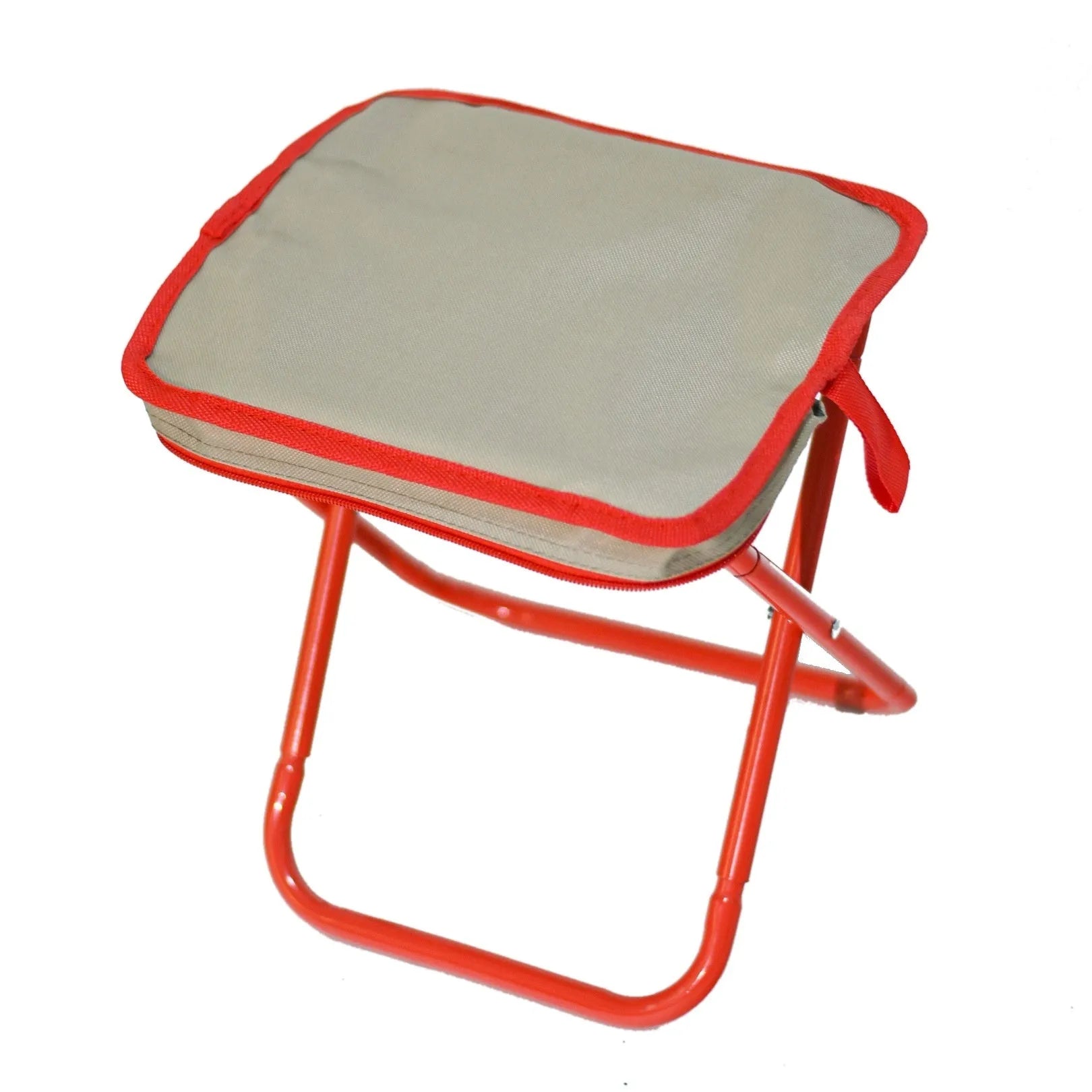 Lightweight foldable camp chair stool in khaki colour, shown both set up and folded into its compact pencil box carry case.