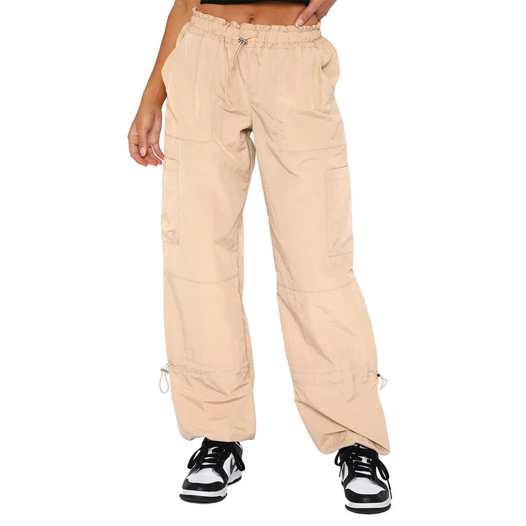 Straight leg multi-bag cargo casual pants in polyester fabric showing loose fit design