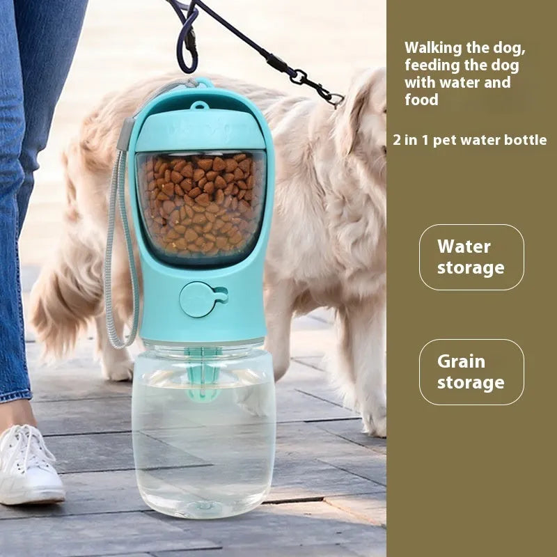 Blue portable plastic dog drinking cup with dual-use design for walks.