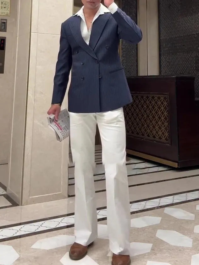 Men's striped double-breasted polyester blazer in regular fit with classic design