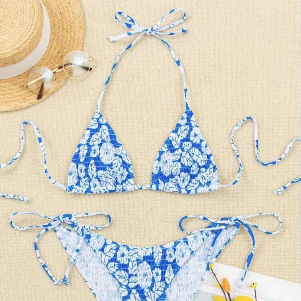 Women's halter swimsuit bikini set with floral pattern briefs in multiple colour options.