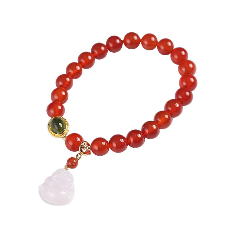 Handcrafted red agate and amber bracelet with geometric design and gold Maitreya Buddha charm