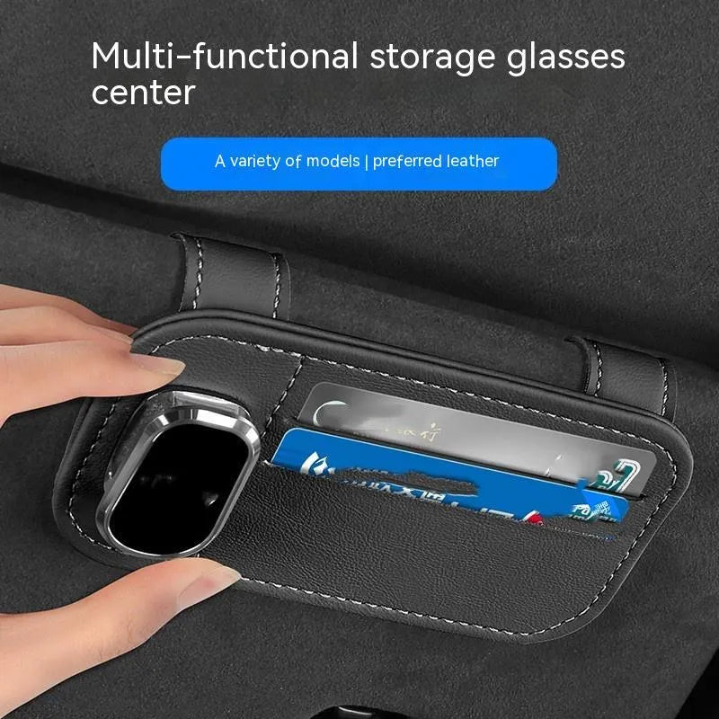 Automotive sun louver card holder in cowhide leather with snap-on clip for vehicle organisation