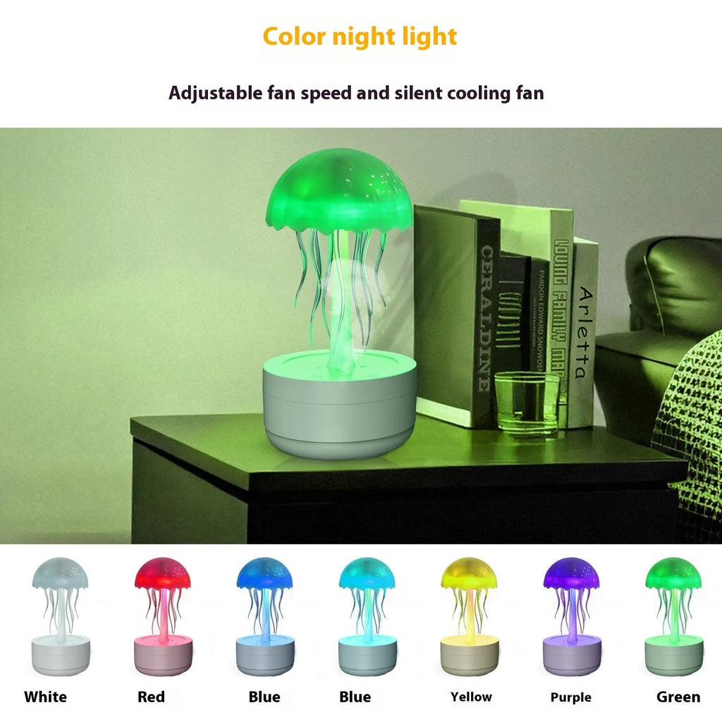 White jellyfish-shaped humidifier and essential oil diffuser with colourful LED lights on a desk.