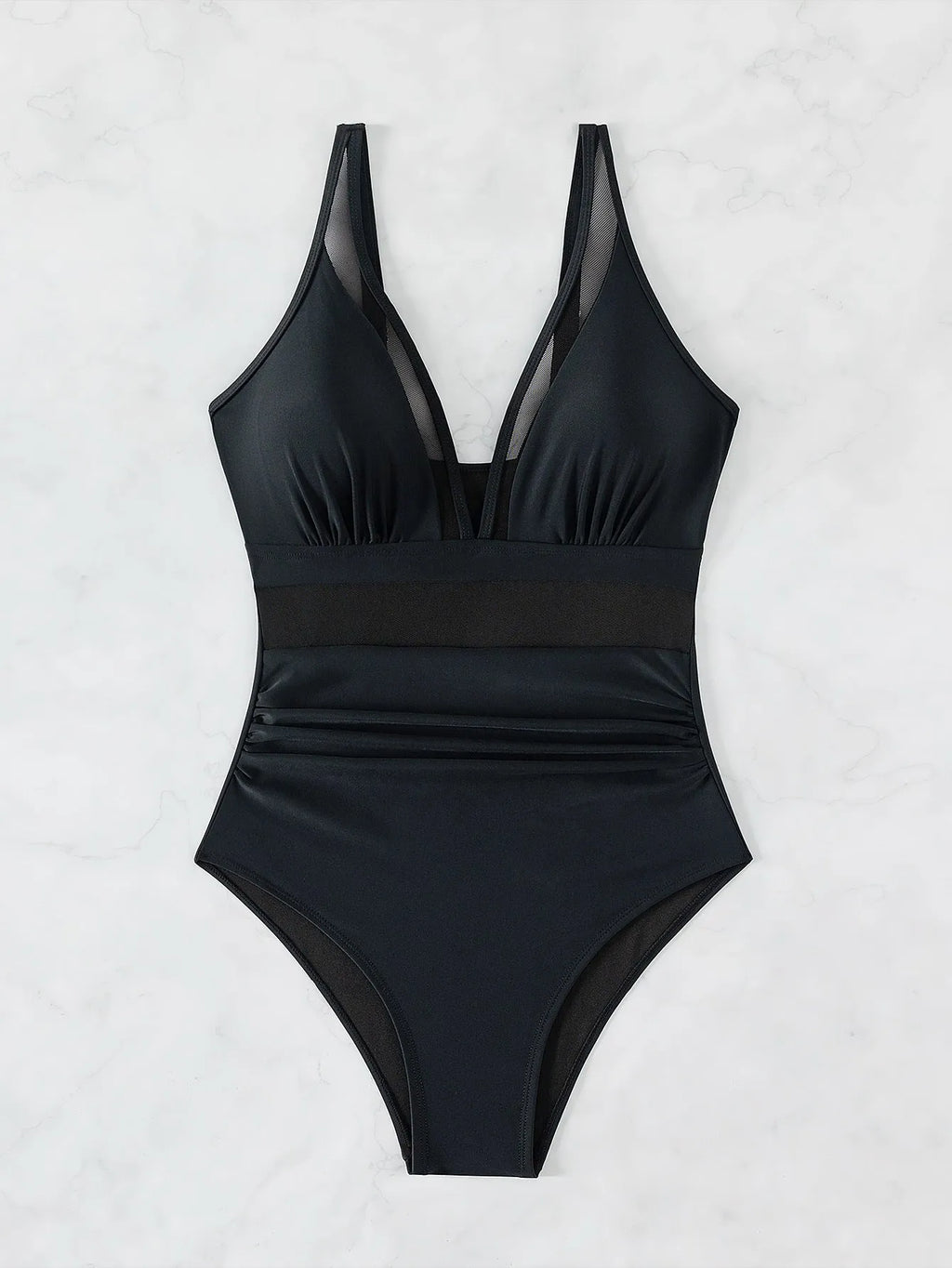 Black women's halter neck one-piece swimsuit with mesh detailing and briefs style cut