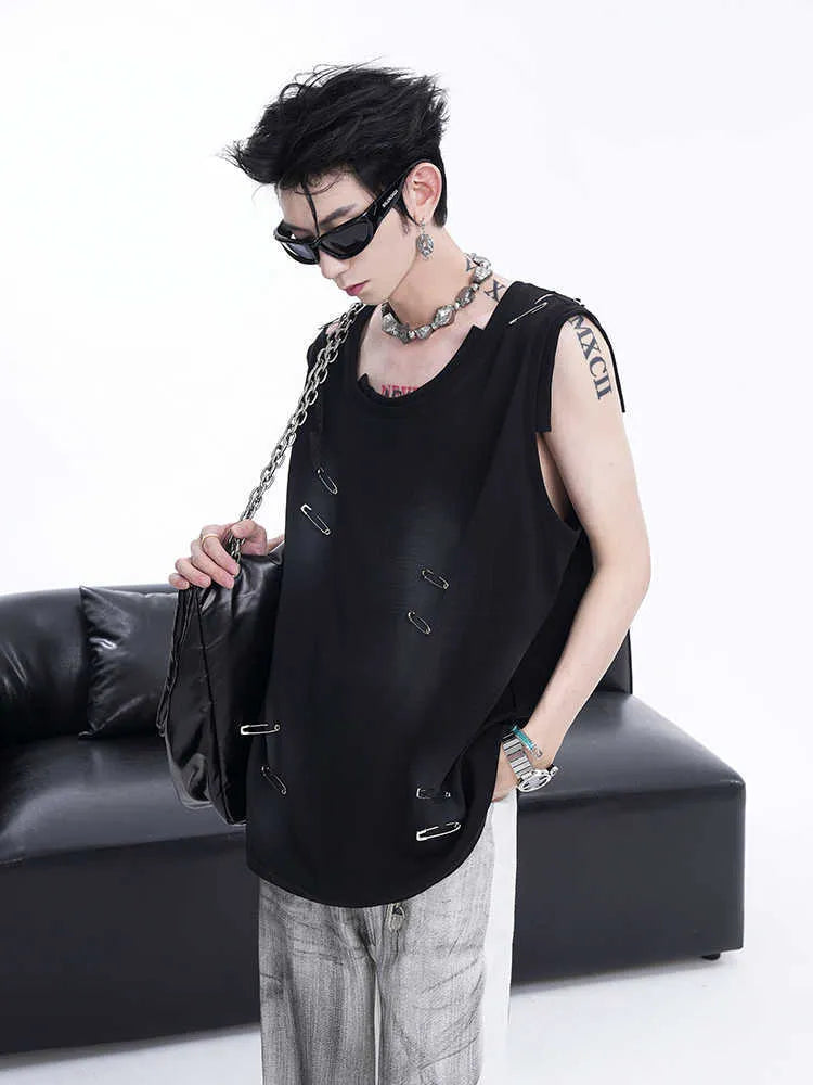 Men's black waistcoat vest with ripped irregular cutting piece design and round neck collar