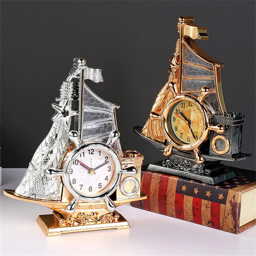 Gold or silver bedroom alarm clock with plastic construction on bedside table