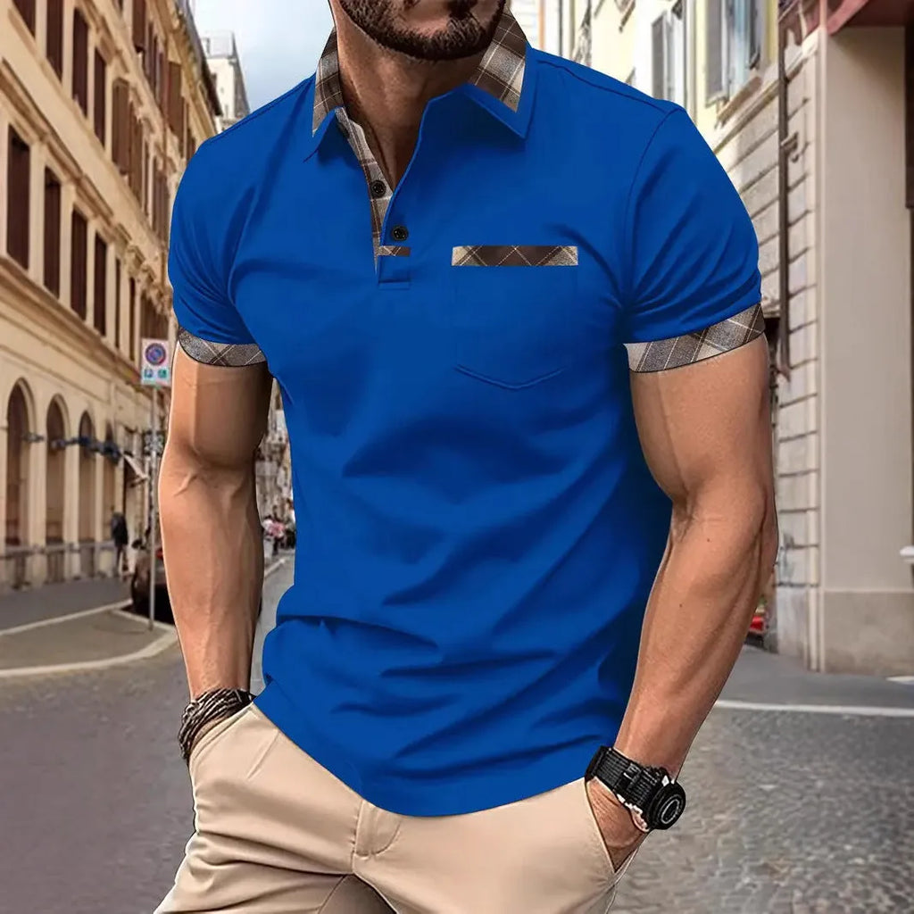 Men's plaid colourblock t-shirt in polyester fabric with short sleeves and loose fit