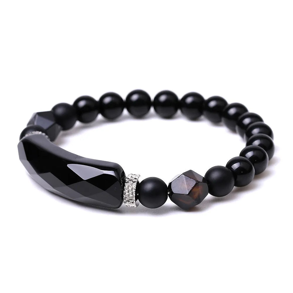 Handmade diamond cut geometric agate bracelet showing eight colour options including black and striped red