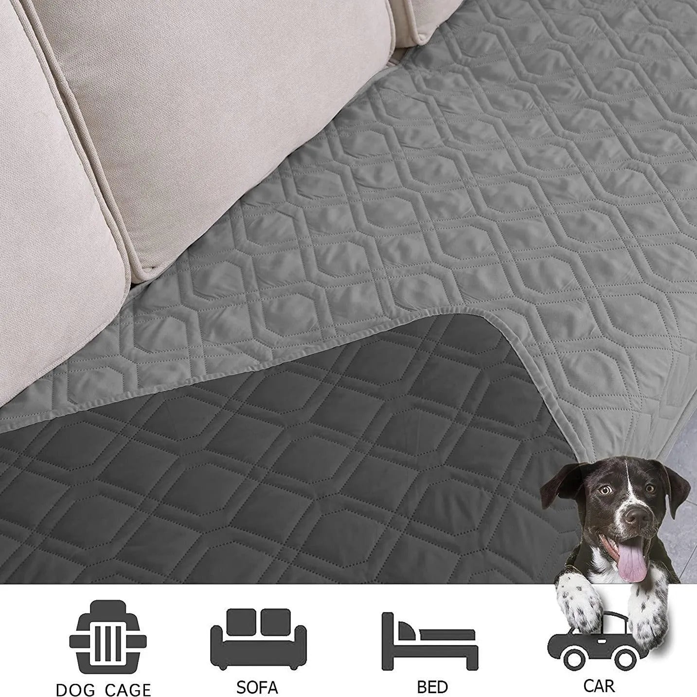 Reversible waterproof dog blanket on sofa showing two colour options with multiple size measurements