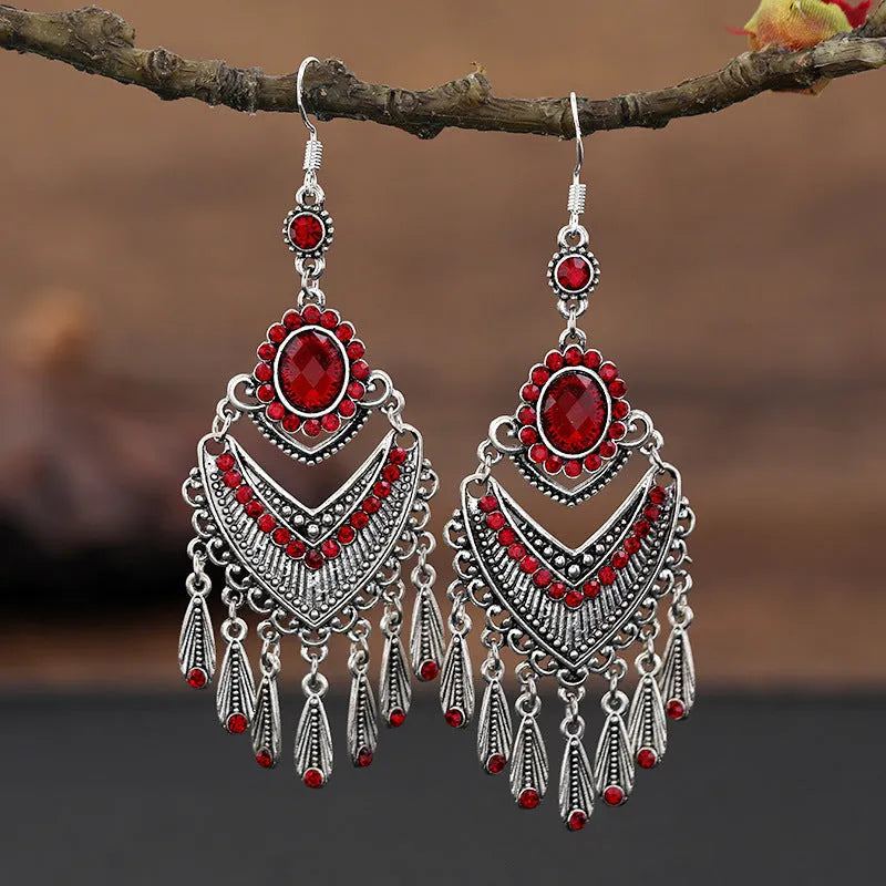 Purple long fringe drop earrings with crystal detailing and retro ethnic style