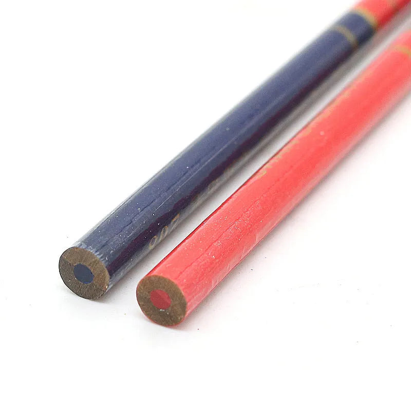 Pack of 10 red and blue two-colour wooden carpenter pencils for marking.